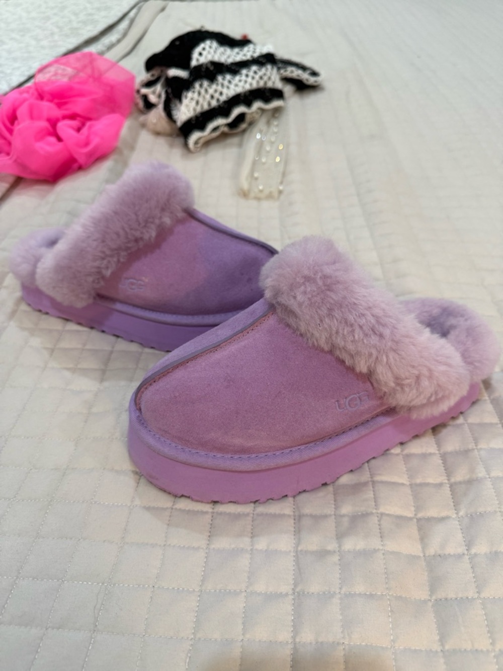 UGG Lavender Suede Fur-Lined Slip-On Clogs